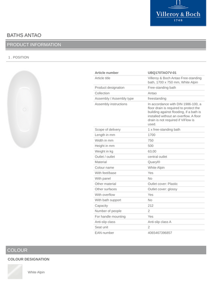 Antao 1700x750 Alpine White Free-standing Bath