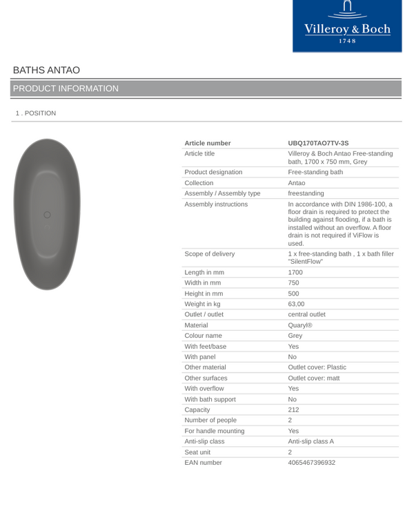 Antao 1700x750 Grey Free-standing Bath