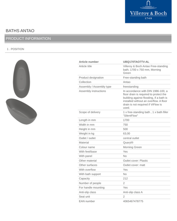 Antao 1700x750 Morning Green Free-standing Bath