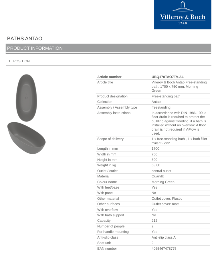 Antao 1700x750 Morning Green Free-standing Bath