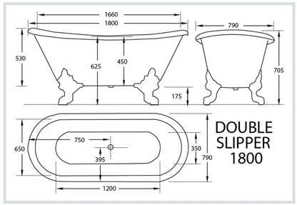 Heritage Slipper Double 1800mm Cast Iron 'Bigfoot' Clawfoot Baths