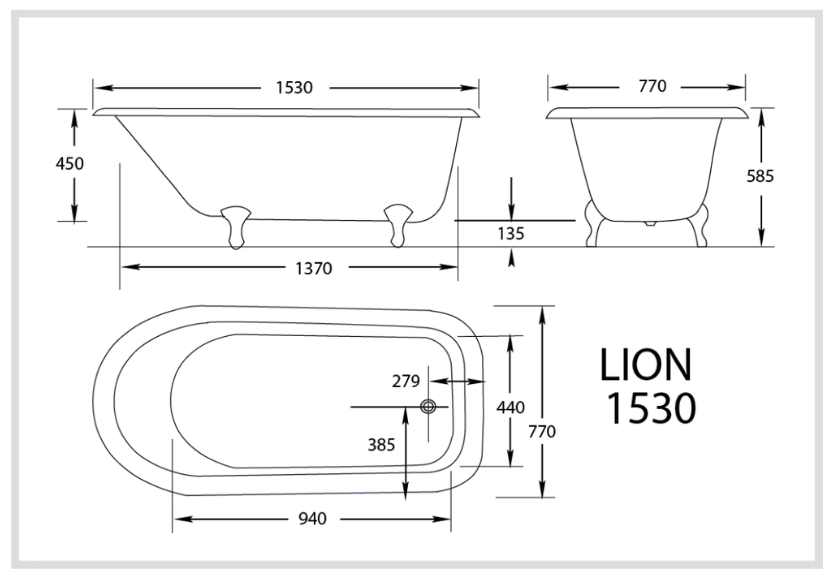 Lion Tub 1530mm Cast Iron 'Bigfoot' Clawfoot Baths