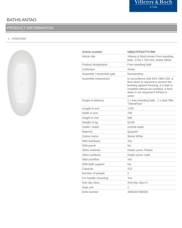 Antao 1700x750 Stone White Free-standing Bath