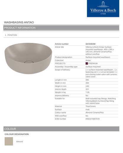 Antao 400 Vessel Basin C+ Almond NO OF