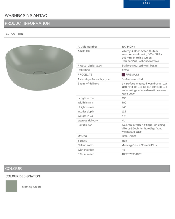 Antao 400 Vessel Basin C+ Morning Green NO OF