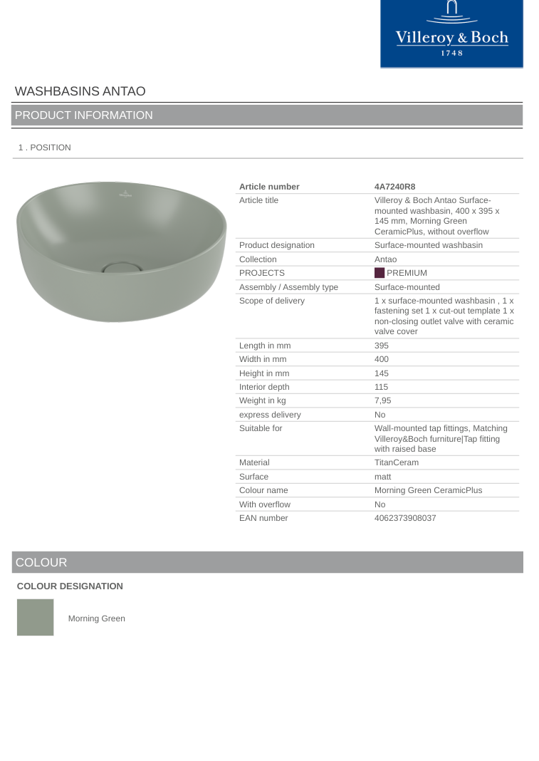 Antao 400 Vessel Basin C+ Morning Green NO OF