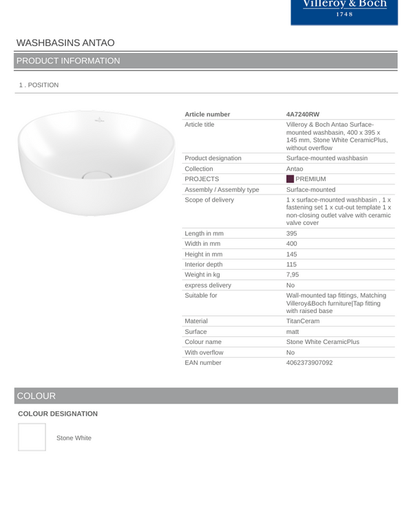 Antao 400 Vessel Basin C+ Stone White NO OF