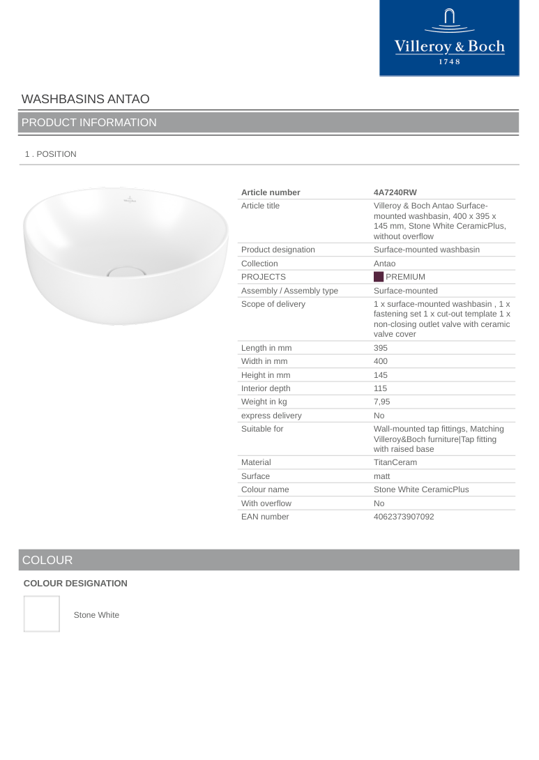 Antao 400 Vessel Basin C+ Stone White NO OF
