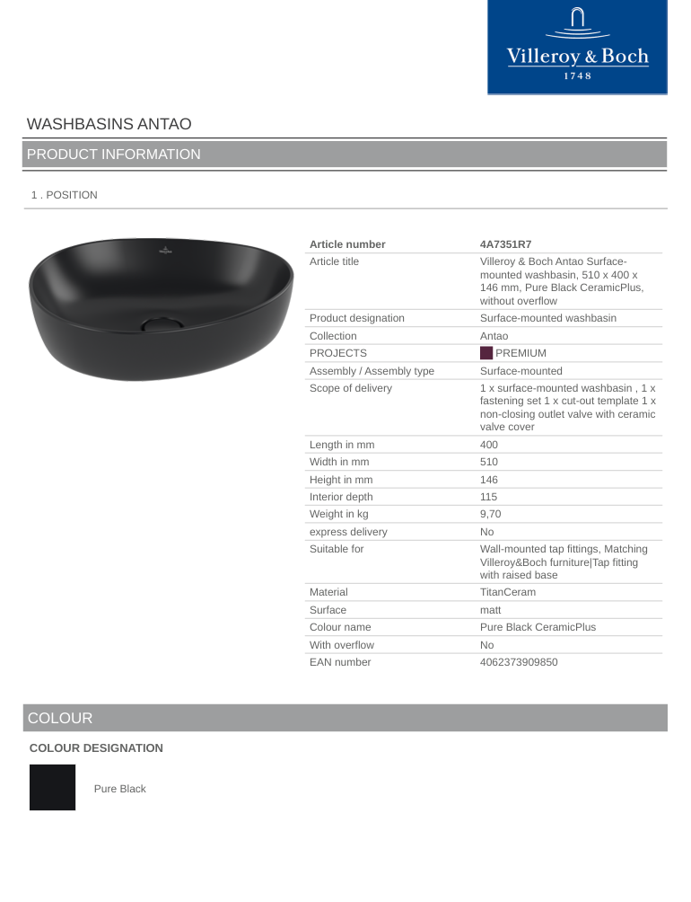 Antao 510 Vessel Basin C+ Pure Black NO OF