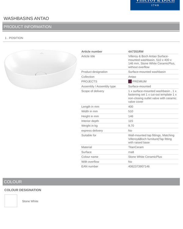 Antao 510 Vessel Basin C+ Stone White NO OF
