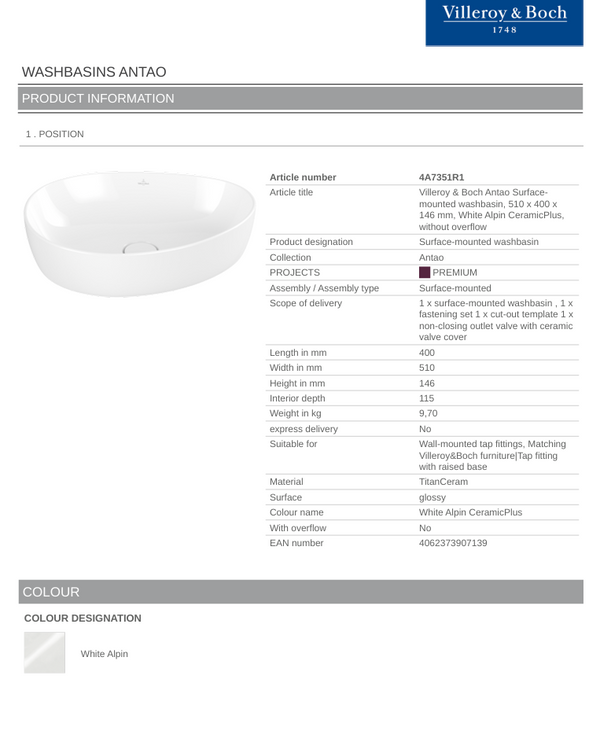Antao 510 Vessel Basin C+ White NO OF