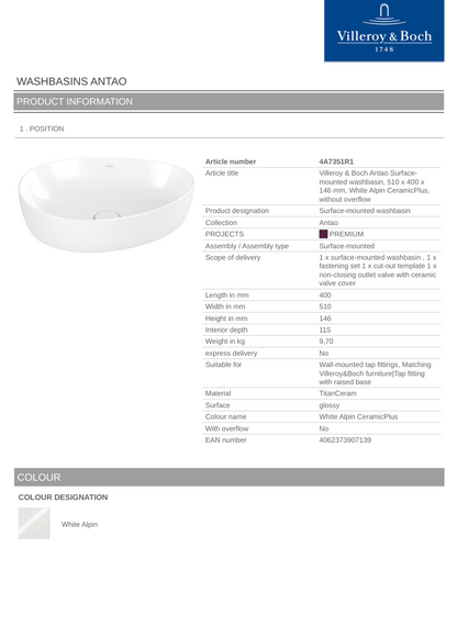 Antao 510 Vessel Basin C+ White NO OF