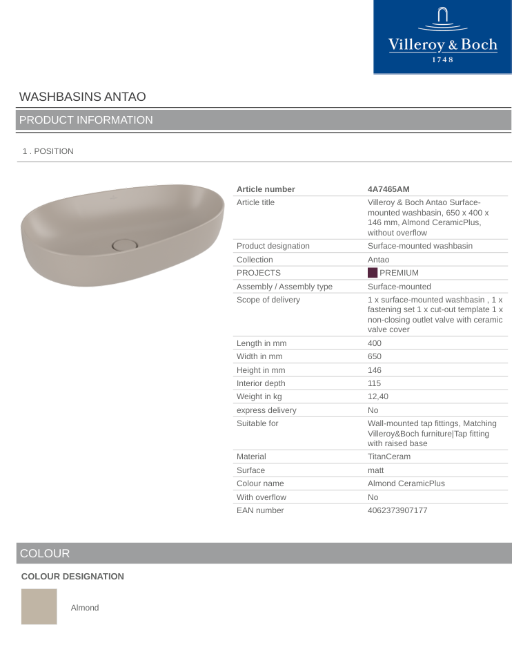 Antao 650 Vessel Basin C+ Almond NO OF