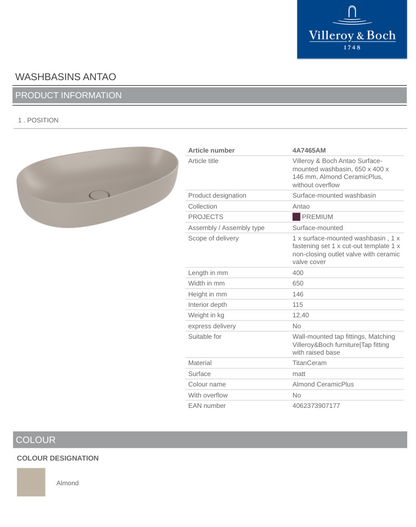 Antao 650 Vessel Basin C+ Almond NO OF