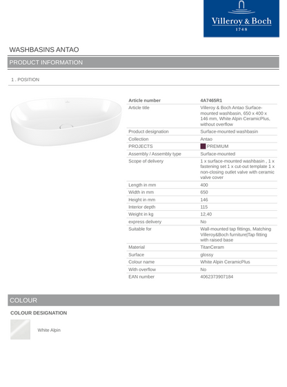 Antao 650 Vessel Basin C+ White NO OF