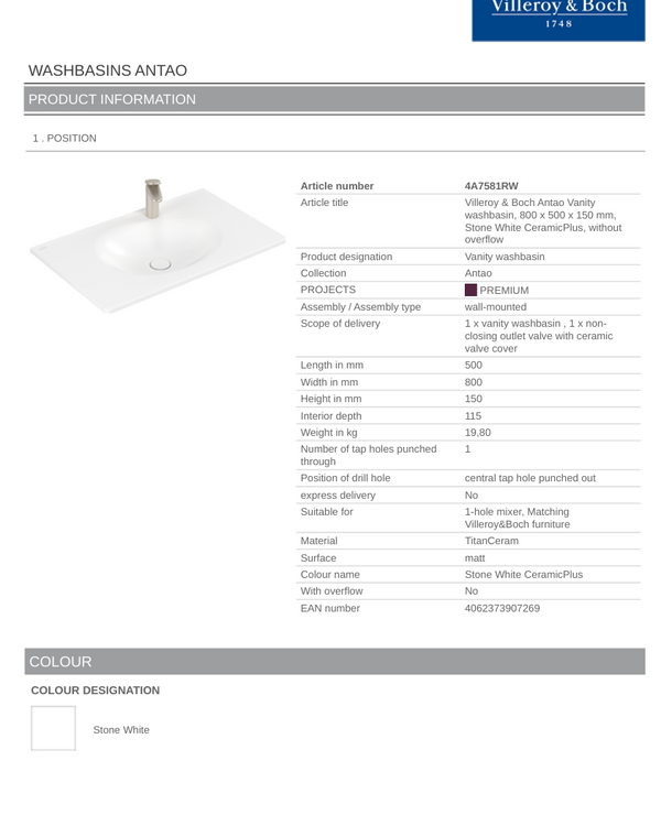 Antao 800 Vanity Basin 1 TH C+ Stone White NO OF