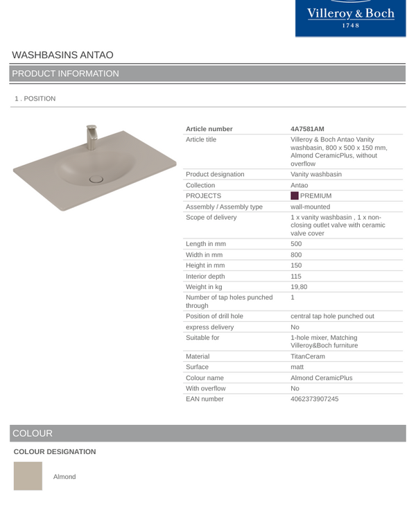 Antao 800 Vanity Basin 1TH C+ Almond NO OF