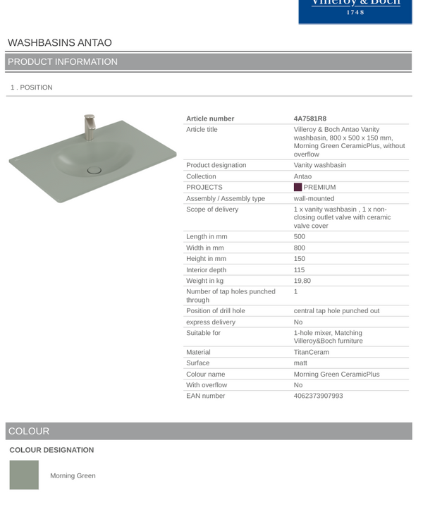 Antao 800 Vanity Basin 1TH C+ Morning Green NO OF