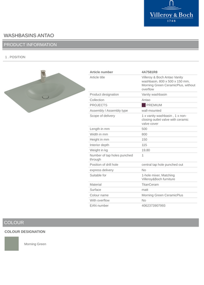 Antao 800 Vanity Basin 1TH C+ Morning Green NO OF