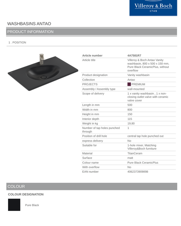 Antao 800 Vanity Basin 1TH C+ Pure Black NO OF