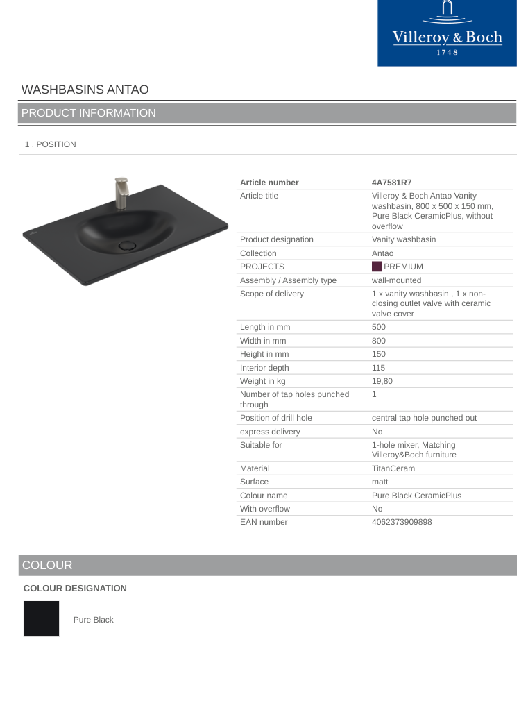 Antao 800 Vanity Basin 1TH C+ Pure Black NO OF