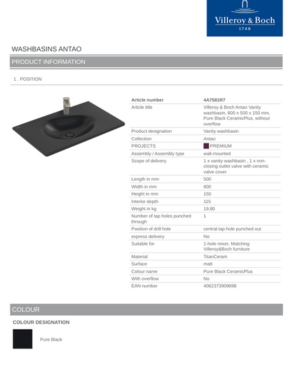 Antao 800 Vanity Basin 1TH C+ Pure Black NO OF