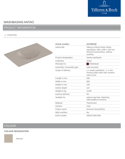 Antao 800 Vanity Basin NO TH C+ Almond NO OF