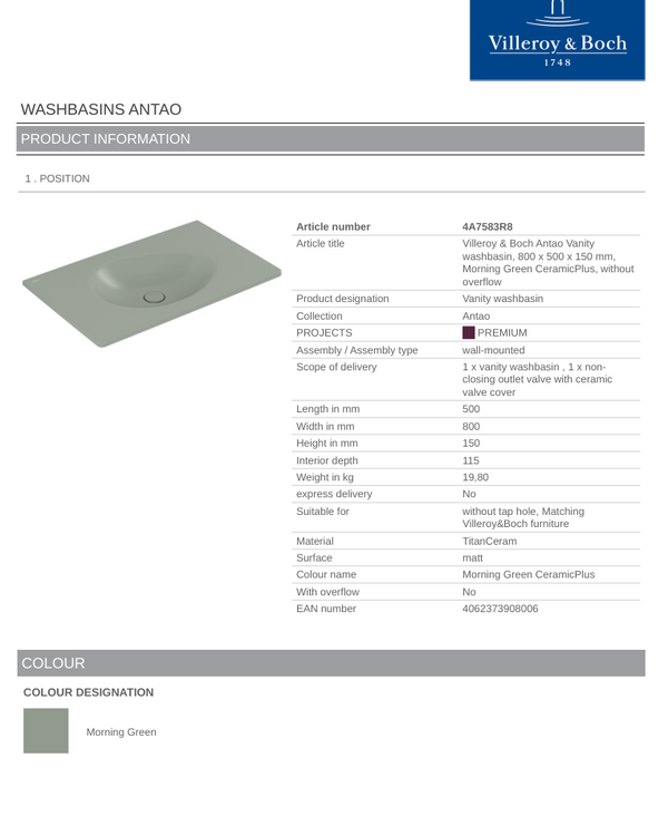 Antao 800 Vanity Basin NO TH C+ Morning Green NO OF
