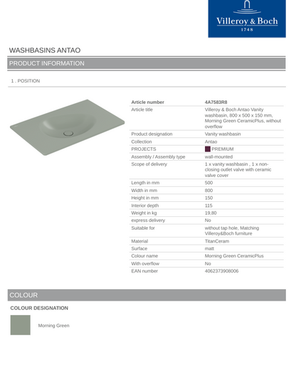 Antao 800 Vanity Basin NO TH C+ Morning Green NO OF
