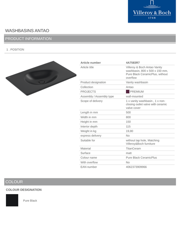 Antao 800 Vanity Basin NO TH C+ Pure Black NO OF