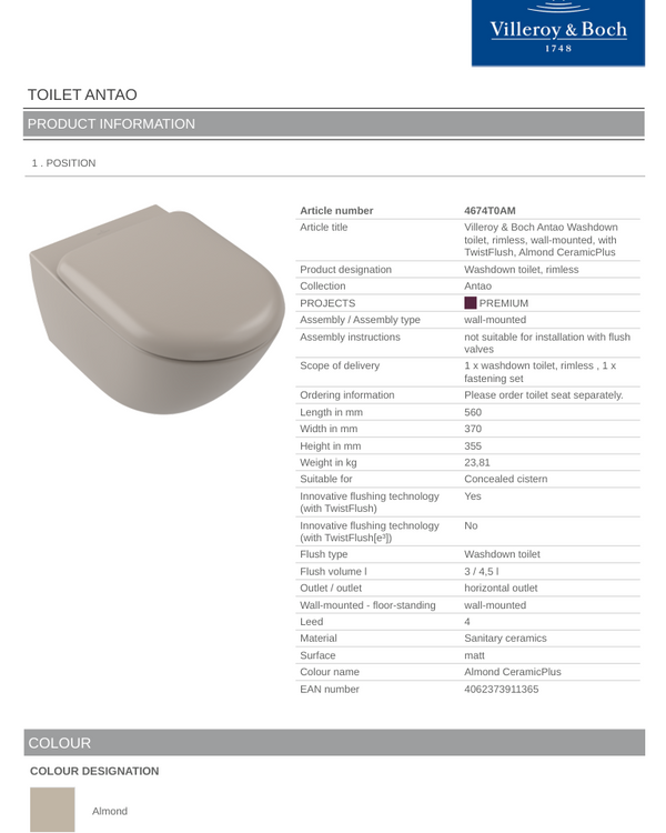 Antao TF Wall Hung Toilet C+ Almond