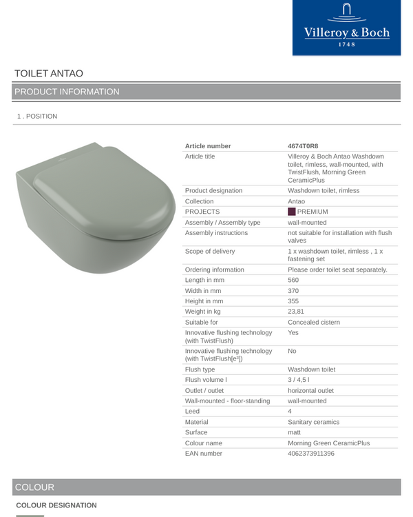 Antao TF Wall Hung Toilet C+ Morning Green