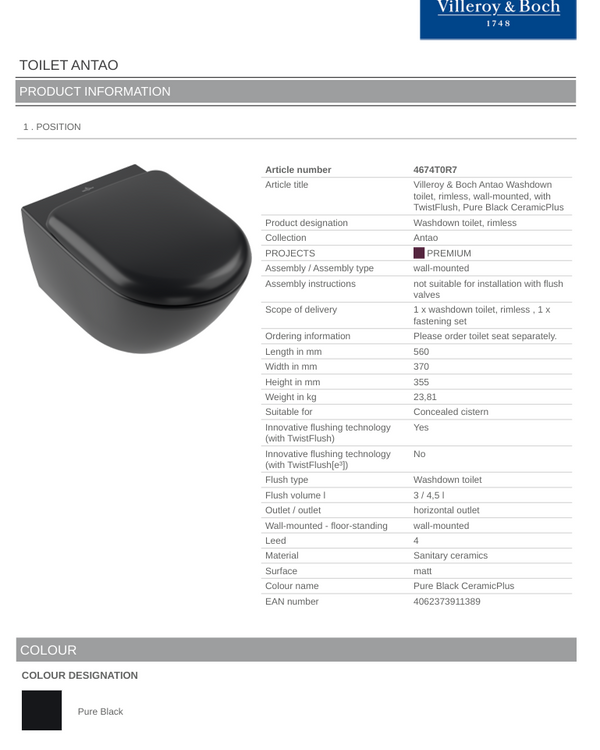 Antao TF Wall Hung Toilet C+ Pure Black