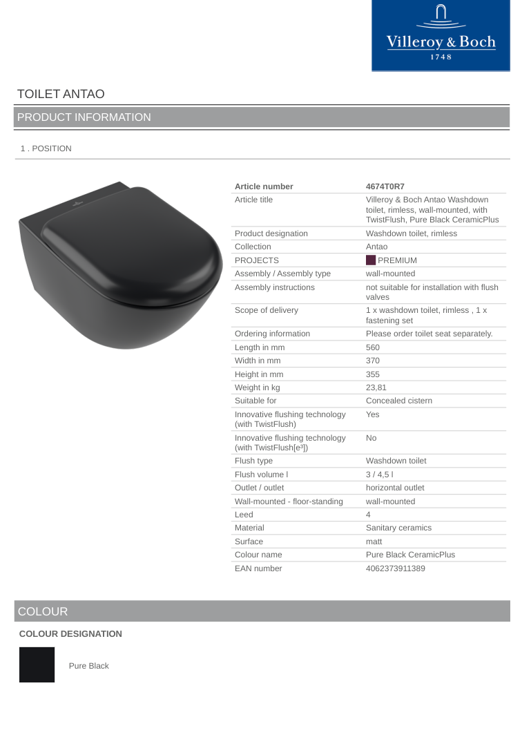 Antao TF Wall Hung Toilet C+ Pure Black