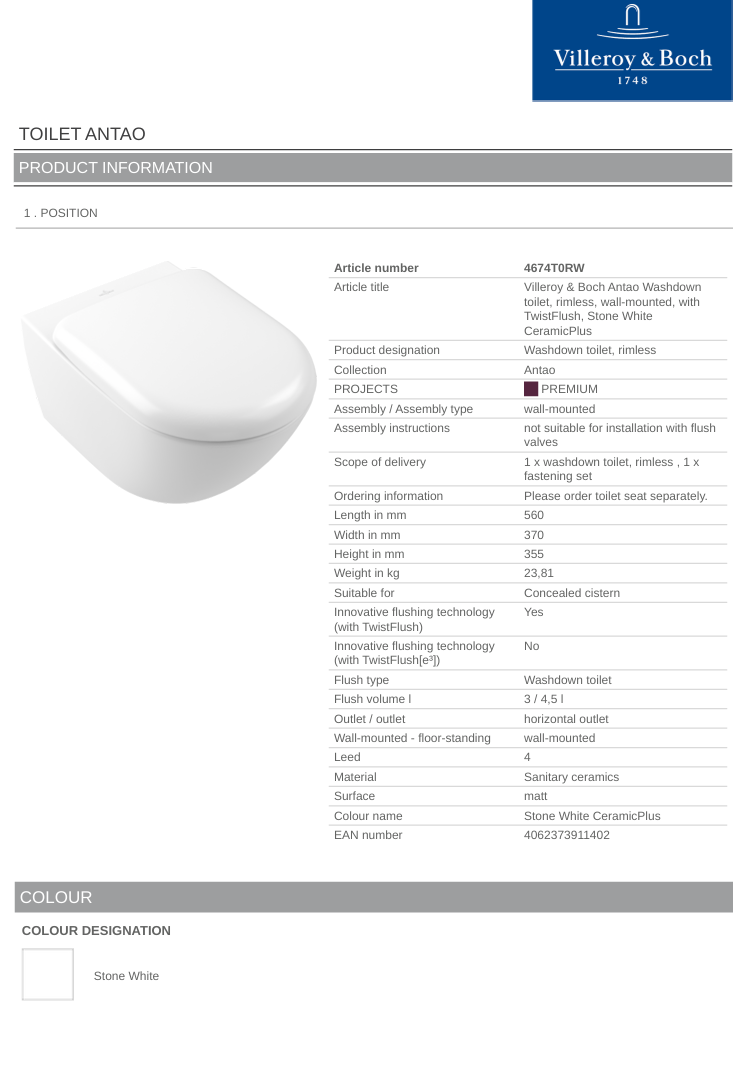 Antao TF Wall Hung Toilet C+ Stone White