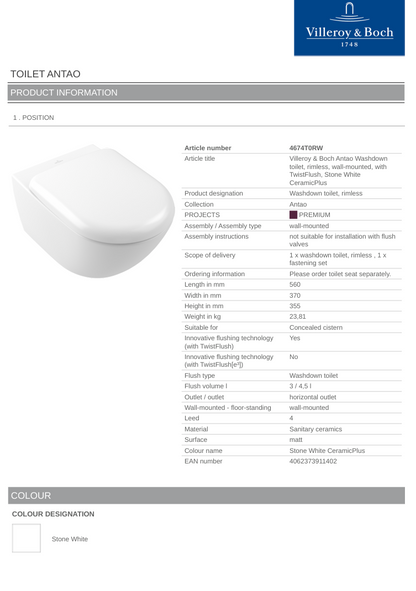 Antao TF Wall Hung Toilet C+ Stone White