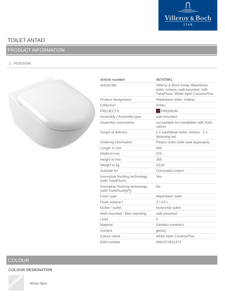 Antao TF Wall Hung Toilet C+ White