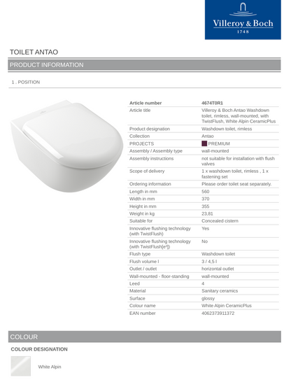 Antao TF Wall Hung Toilet C+ White