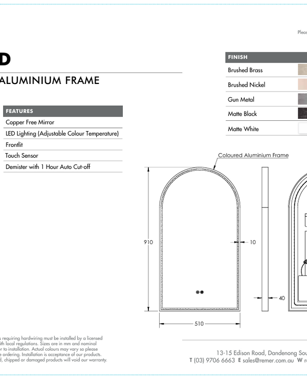 Arch 500D with Matt White Aluminum Frame - W510 x H910 x D40 LED Arch Mirror