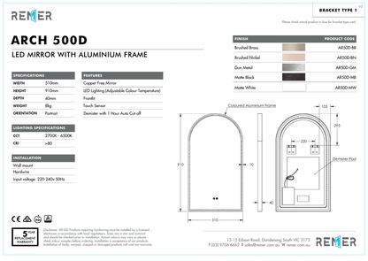 Arch 500D with Matt White Aluminum Frame - W510 x H910 x D40 LED Arch Mirror