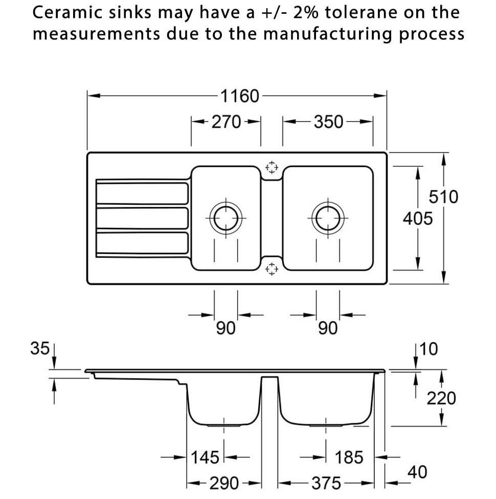 Architectura 80 1160 1 & 3/4 Drainer No Tap Hole Ceramic Plus