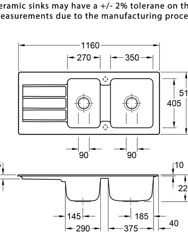 Architectura 1160 1 & 3/4 Right Hand Drainer 1Tap Hole CeramicPlus