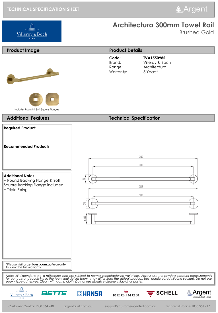 Architectura 300mm Towel Rail Brushed Gold