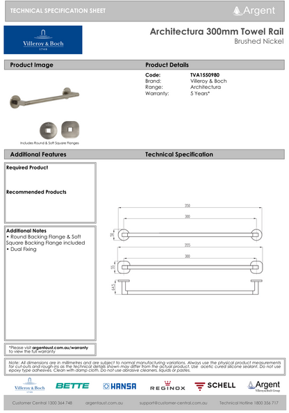 Architectura 300mm Towel Rail Brushed Nickel