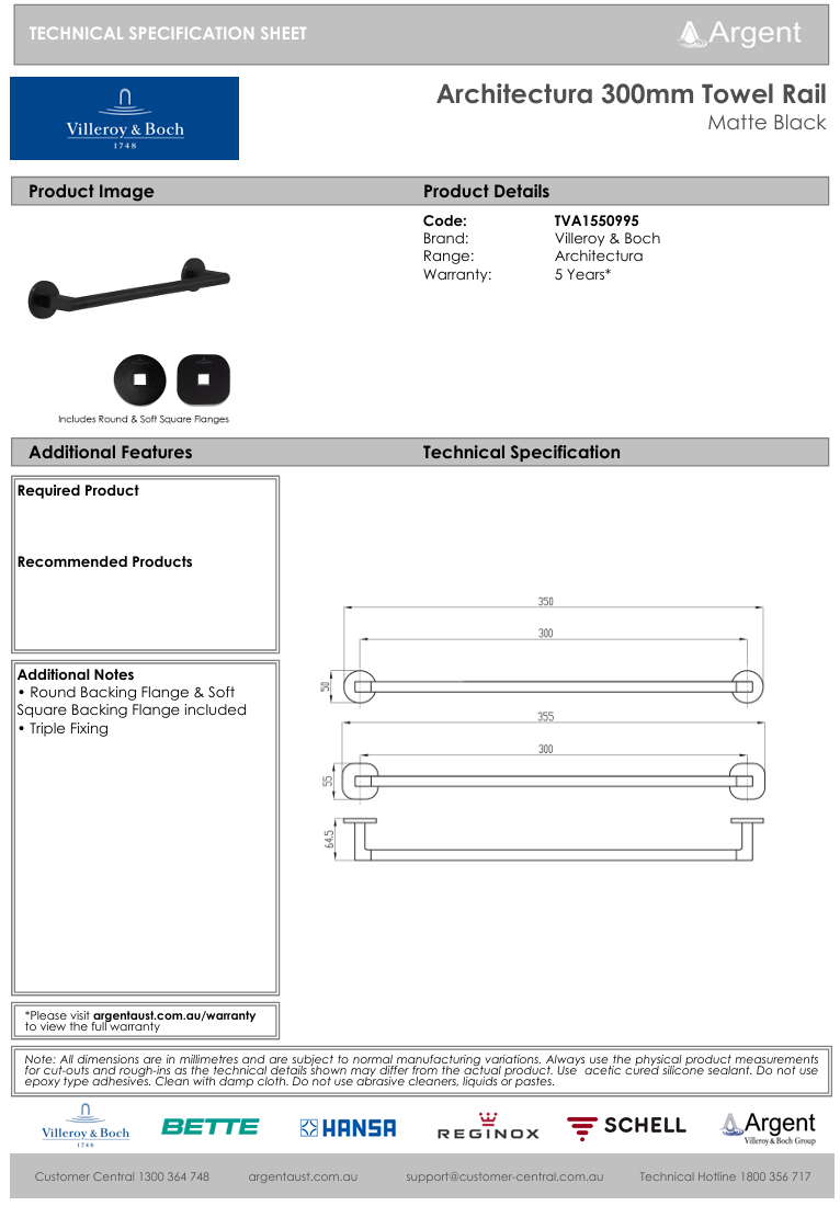 Architectura 300mm Towel Rail Matte Black
