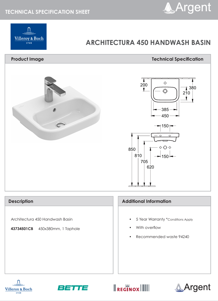 Architectura 450 Wall Basin 1 Tap Hole