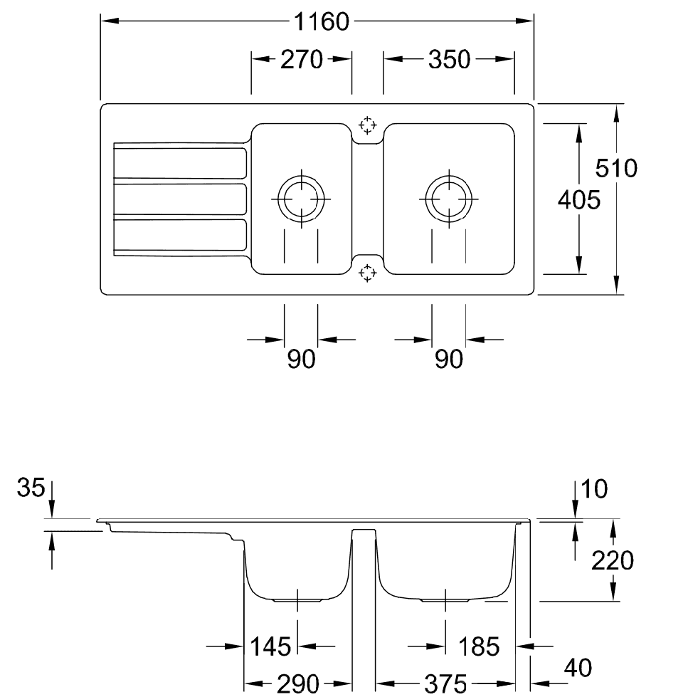Architectura 1160 Drainer Sink No Tap Hole Stone White CeramicPlus