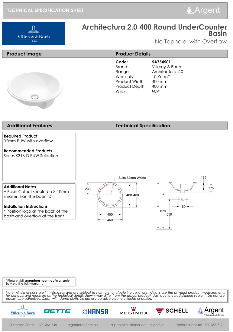 Architectura 2.0 400 Round UnderCounter Basin | No Tap Hole with Overflow