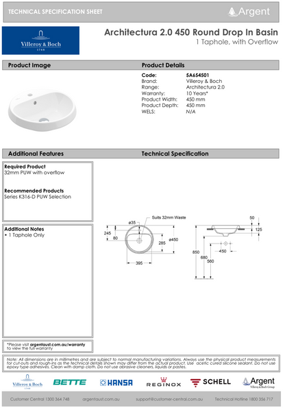 Architectura 2.0 450 Round Drop In Basin | One Tap Hole with Overflow