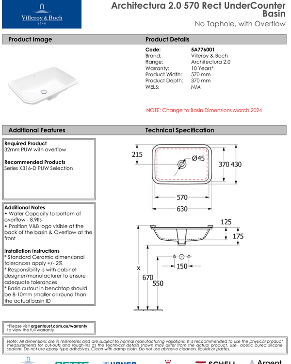 Architectura 2.0 560 Rect UnderCounter Basin | No Tap Hole with Overflow